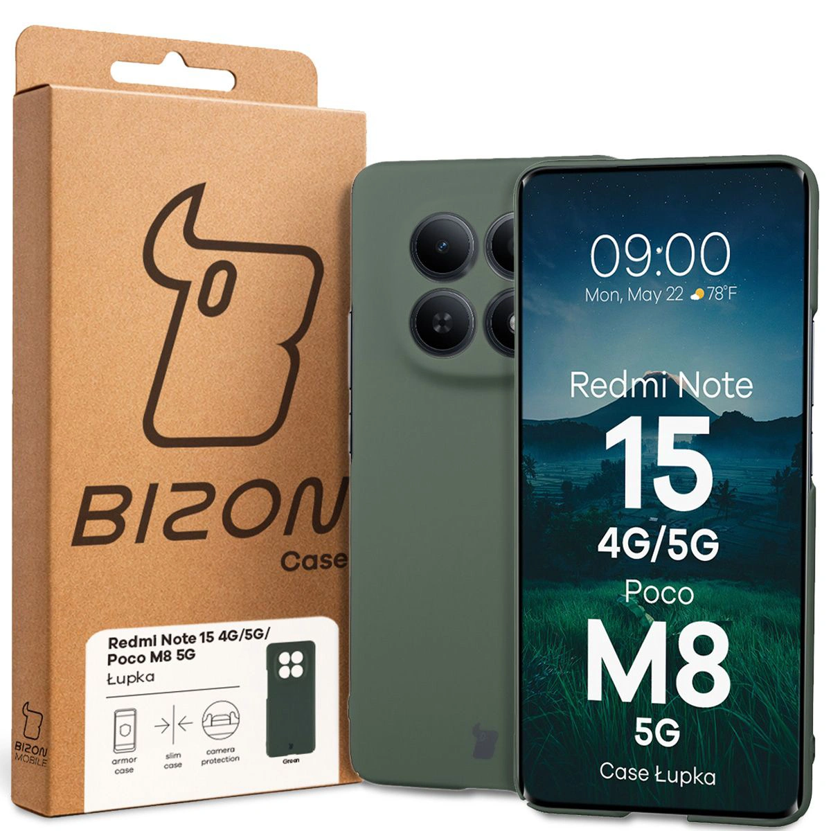 Przód pudełka Bizon Case z dedykowaną etykietą do Xiaomi Redmi Note 15 / Xiaomi POCO M8 5G